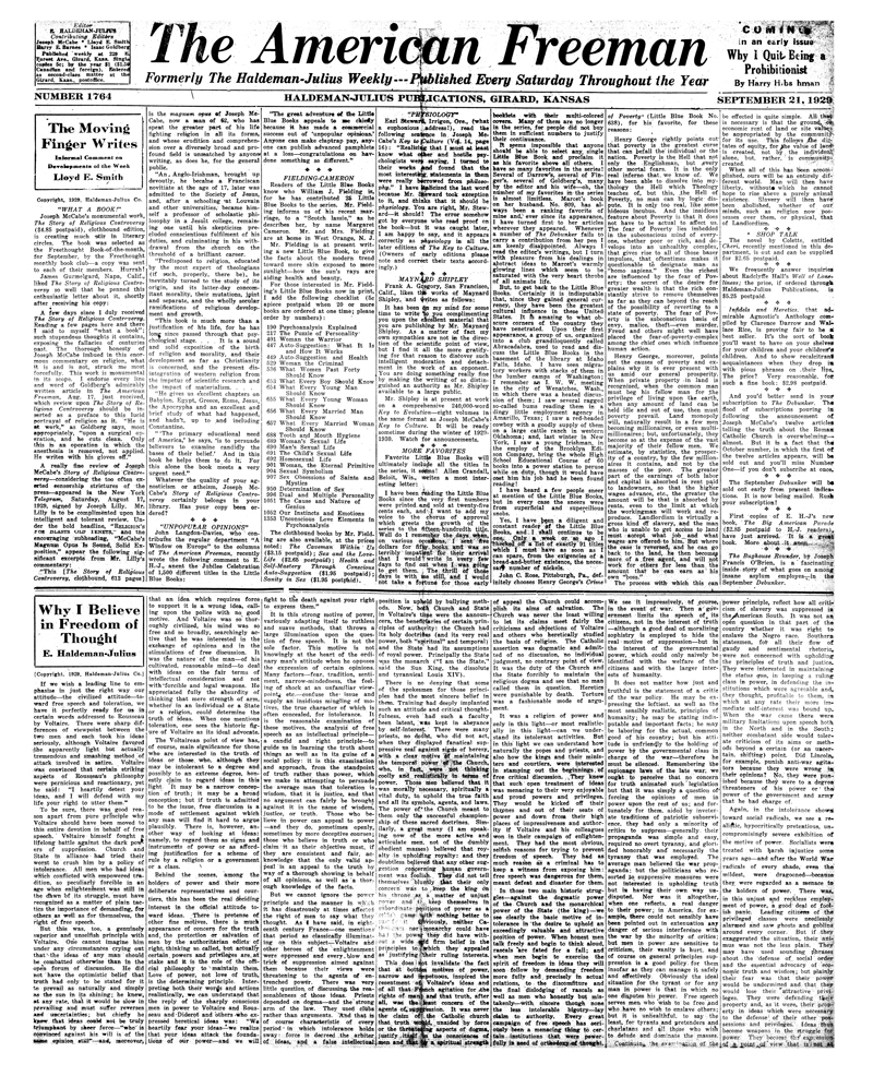(image for) The American Freeman, Number 1764, Sept. 21, 1929. - Click Image to Close